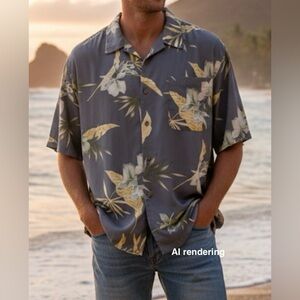 TOMMY BAHAMA Mens Blue Green Yellow Tropical Print Silk Button Front Shirt | XL